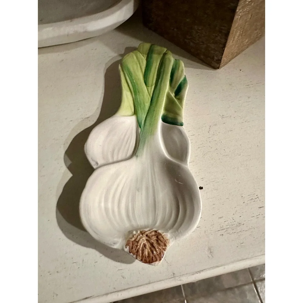 Vtg Italian Ceramic Leek Spoon Rest Hand Painted Majolica Scallion Italy 6269